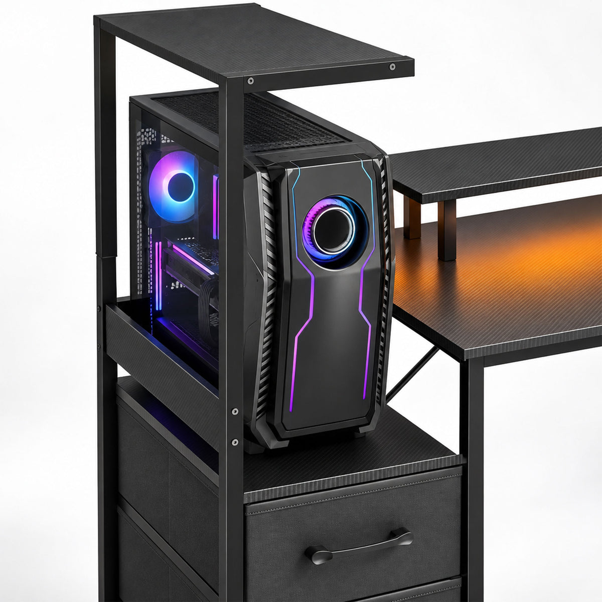 Gaming-Schreibtisch 147 x 47 cm, RGB-Beleuchtung, Steckdosen und USB-Anschlüsse, verstellbare und beidseitig montierbare PC-Halterung, Schwarz