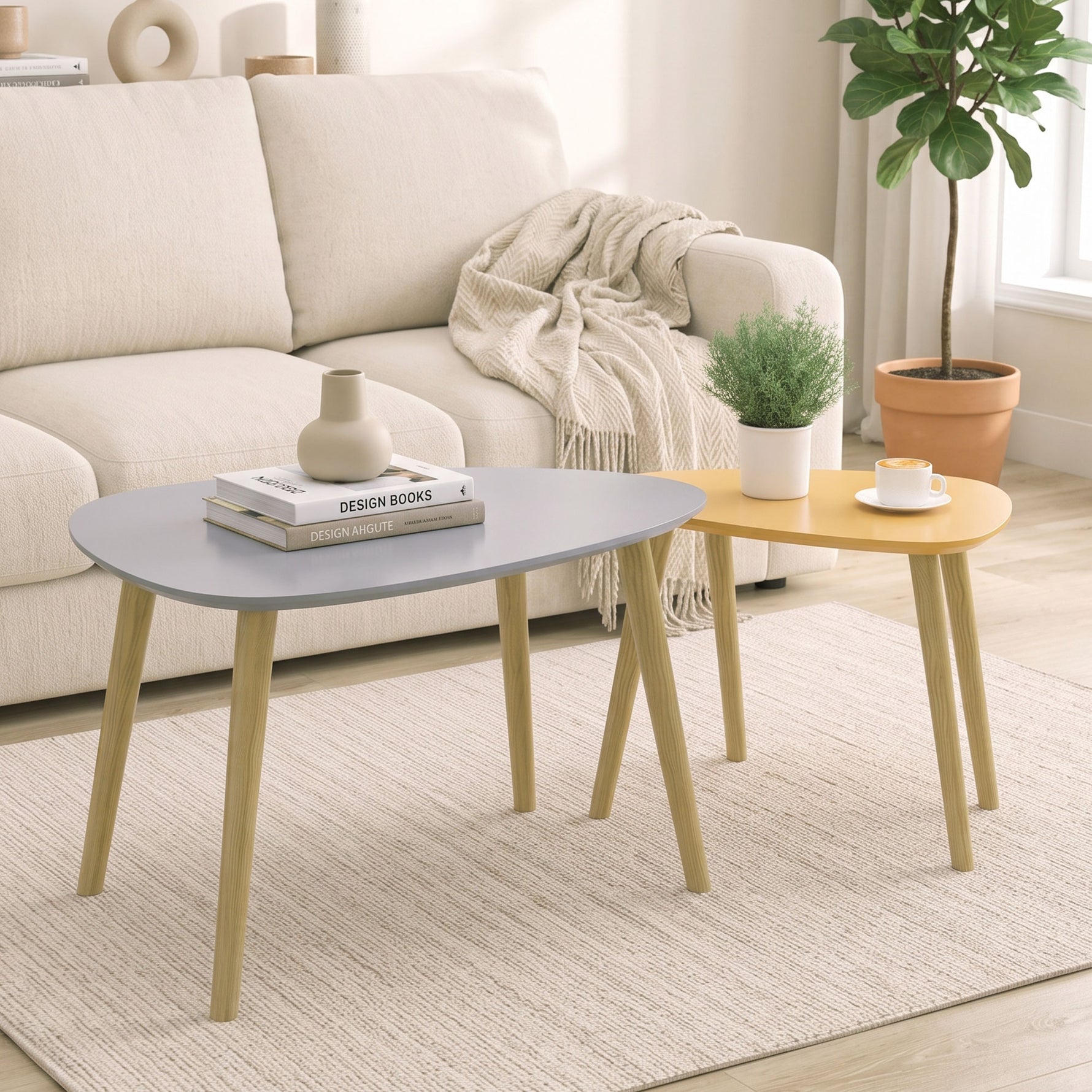 Lot de 2 tables basses gigognes design scandinave pieds en bois et plateau en bois, gris et jaune