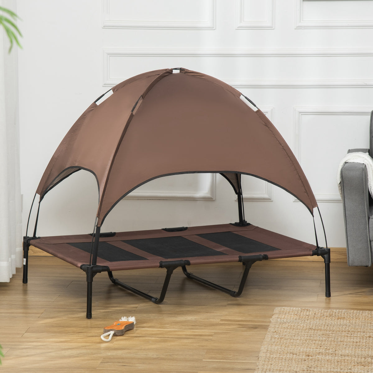 Raised dog/cat bed, UV-resistant micro-perforated Oxford fabric + parasol + carry bag included, brown/black
