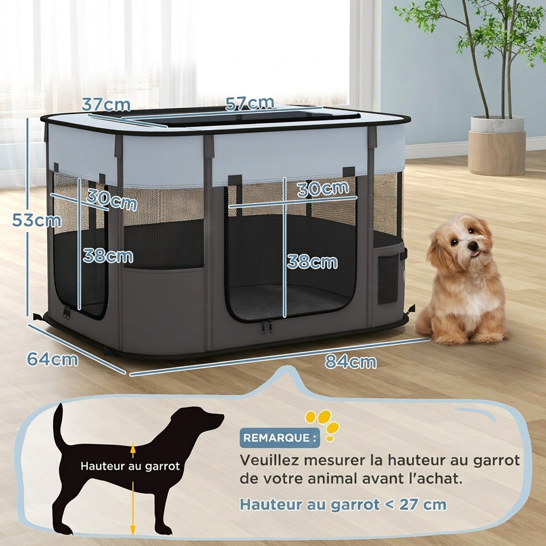 Parc enclos pliable pour chien chat petits animaux en tissu Oxford avec rangement 84 x 64 x 53 cm gris et noir