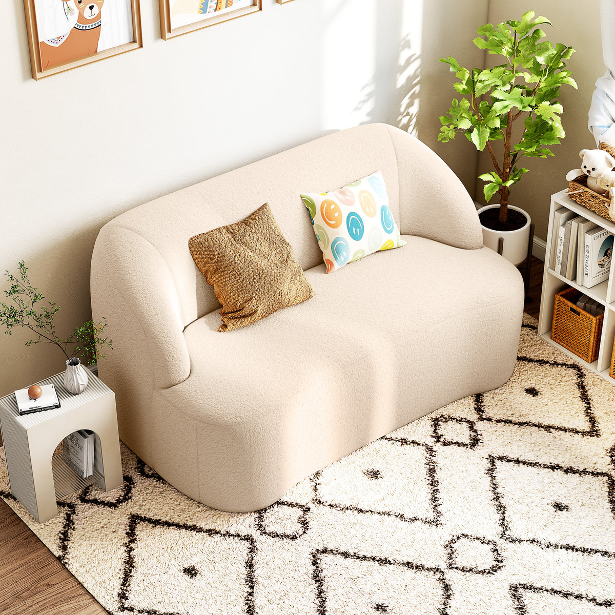 Canapé 2 places canapé en tissu bouclette 142 cm avec dossier et assise incurvés, aucun assemblage requis, beige