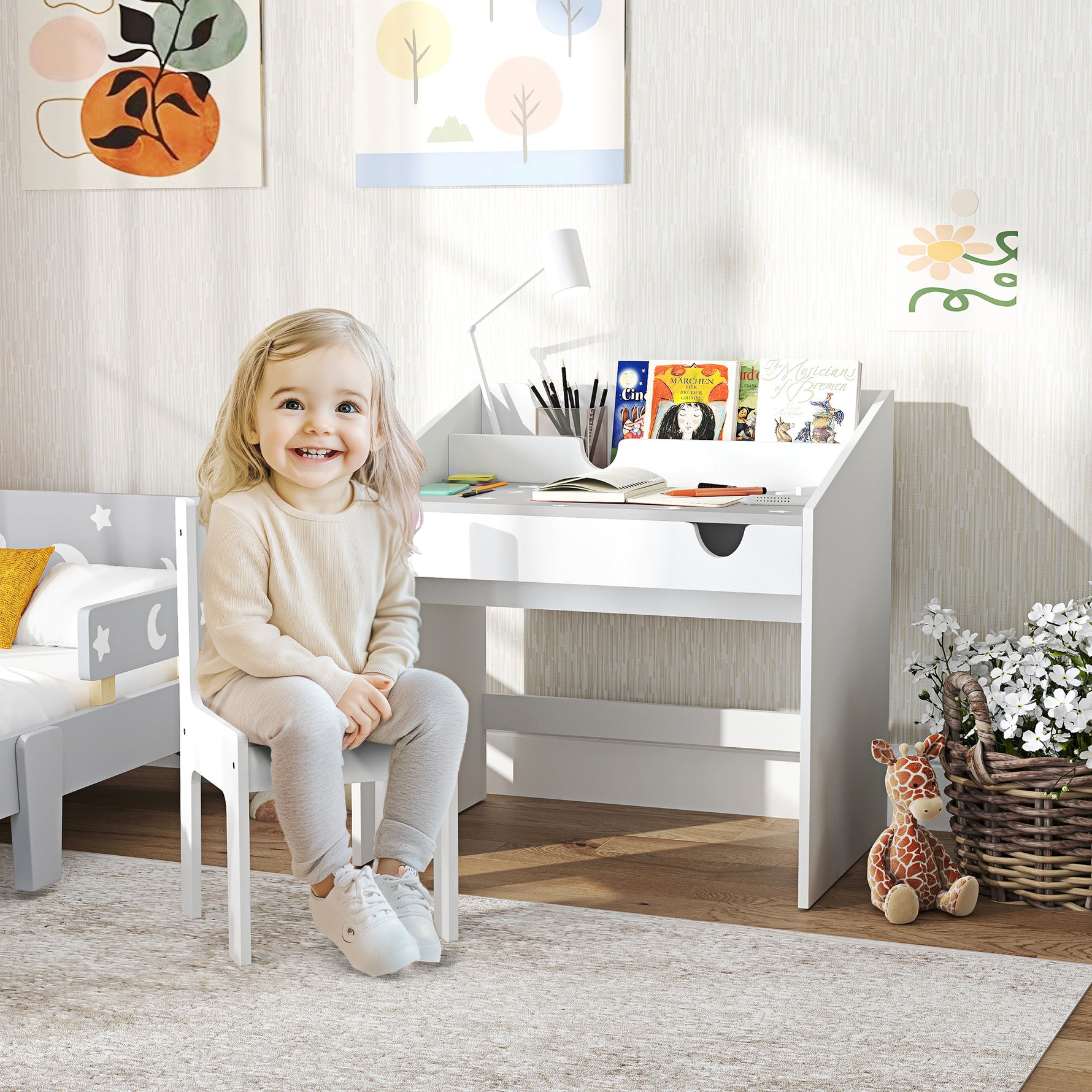 Ensemble Bureau et chaise pour enfants, avec rangement, tiroir coulissant, pour les 3-6 ans, motif étoilé - Gris