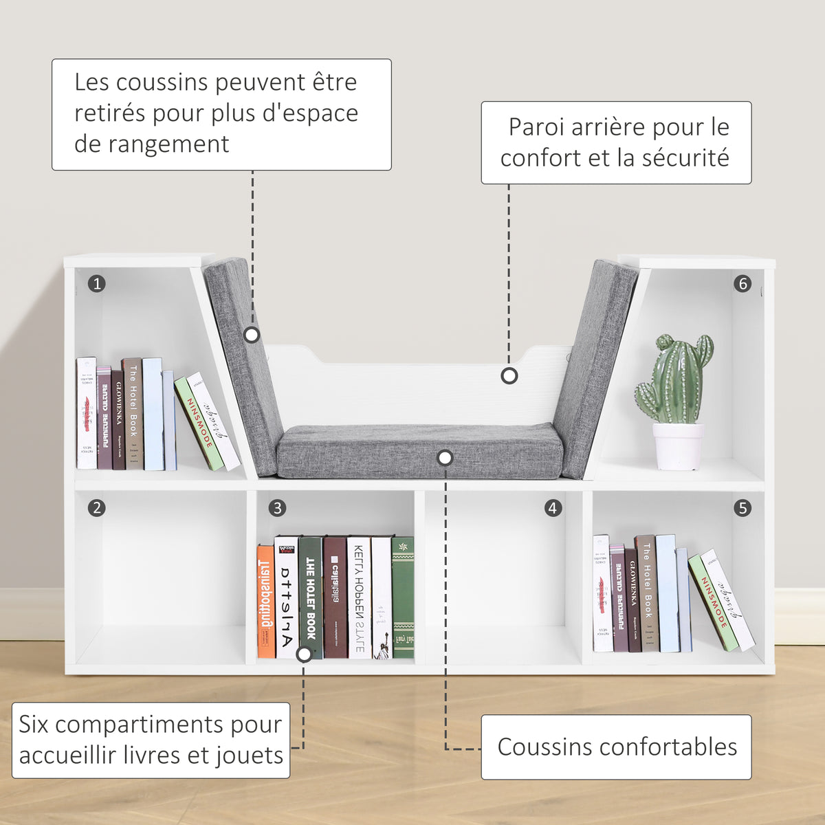 Bibliothèque banc 2 en 1 avec coussins de siège, étagère cube 6 compartiments ouverts et 2 niveaux, meuble de