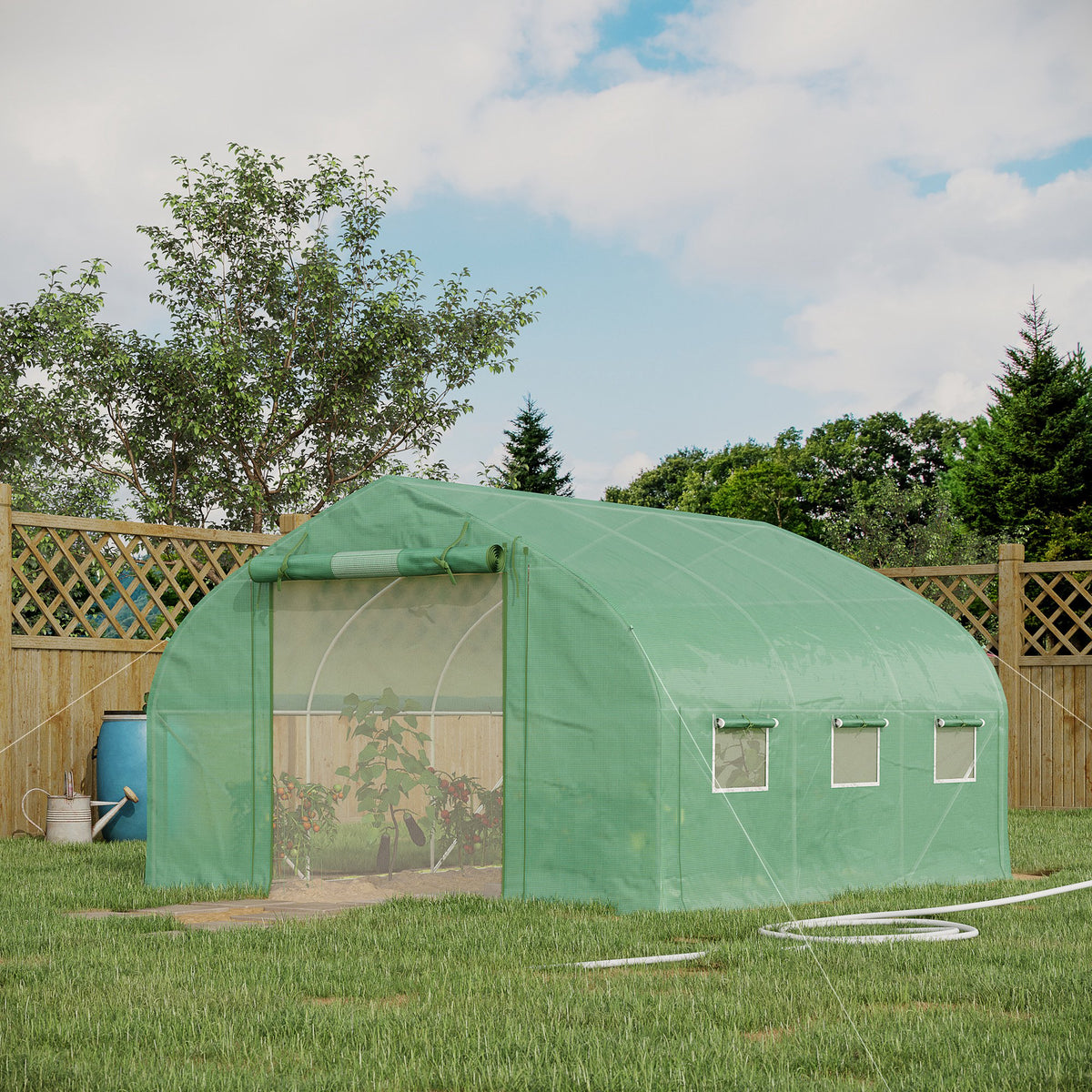 Serre de jardin tunnel 10,4 m² serre de jardin anti-UV porte zippée enroulable fenêtres maille 350 x 300 x 200 cm vert
