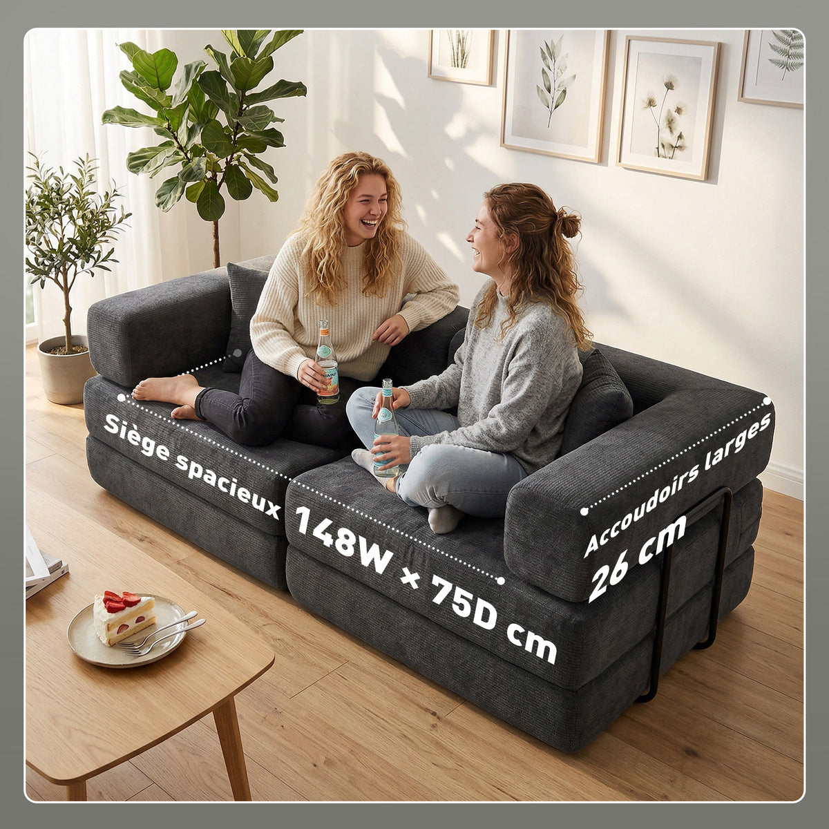 Canapé Convertible 2 Places, Canapé-Lit en Chenille 198 cm, Assise et Accoudoirs Larges, 2 Coussins, Gris Foncé
