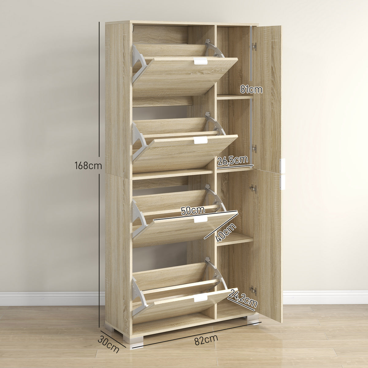 Meuble à chaussures avec 4 abattants, 2 placards et façades miroir pour 16 paires de chaussures, meuble d'entrée