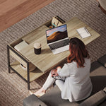 Table basse relevable et extensible, table de salon avec compartiment caché étagères ouvertes, 98x49x55cm, bois naturel