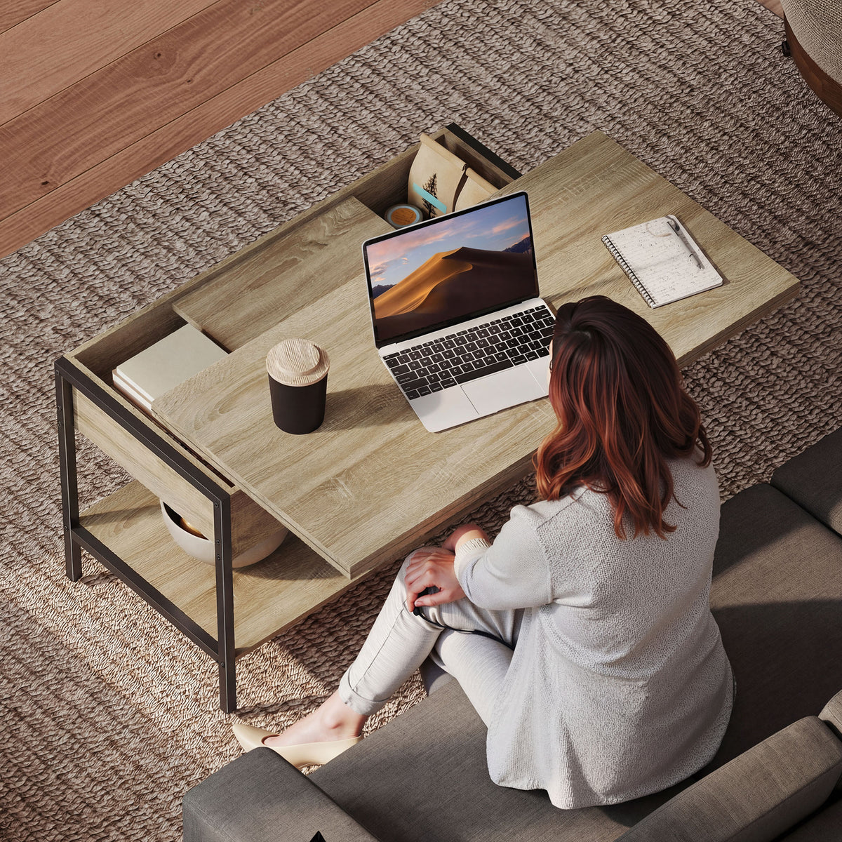 Table basse relevable et extensible, table de salon avec compartiment caché étagères ouvertes, 98x49x55cm, bois naturel