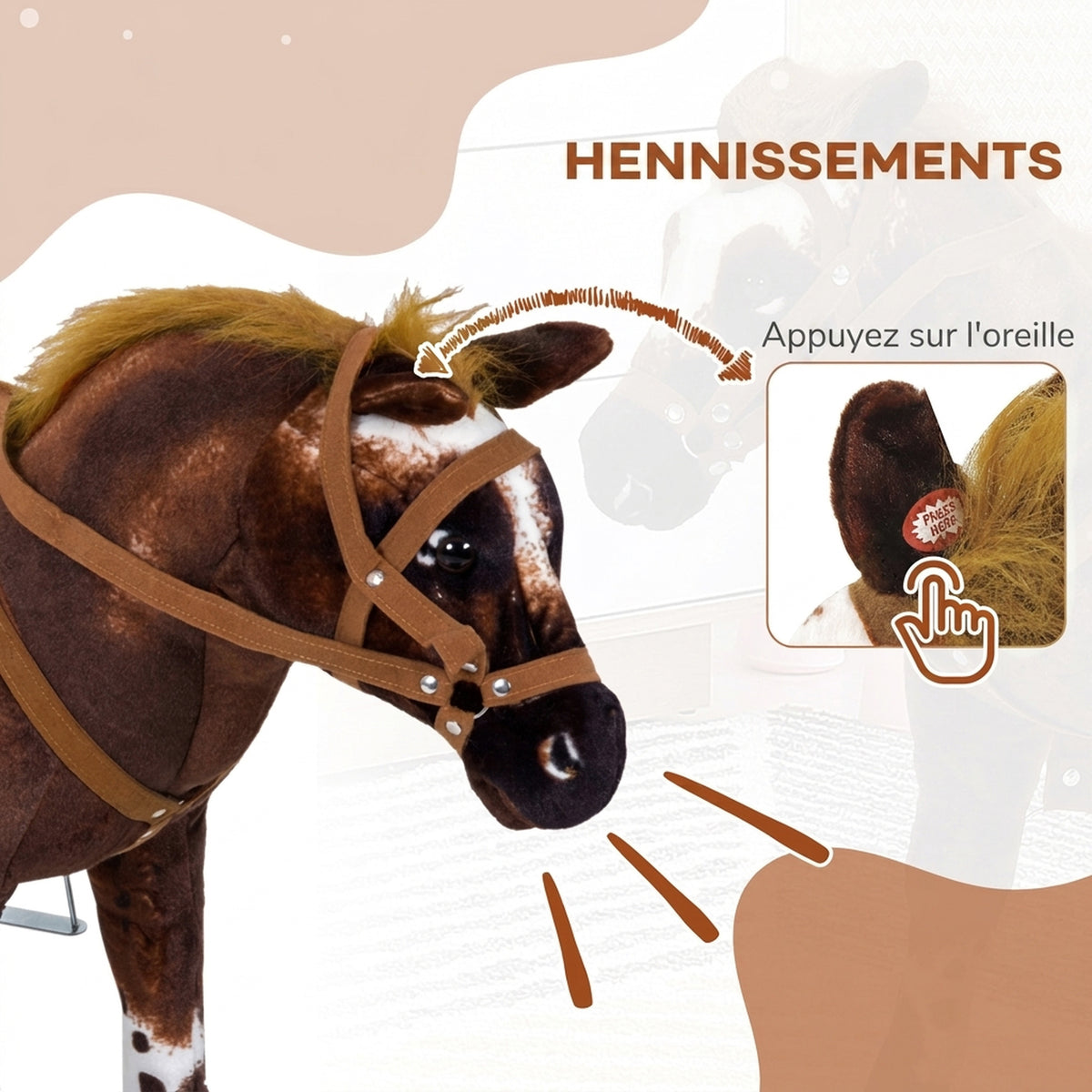 Cheval Debout en Peluche Effets sonores hennissement et Galop Selle étrier rênes 85L x 28l x 60H Marron Blanc