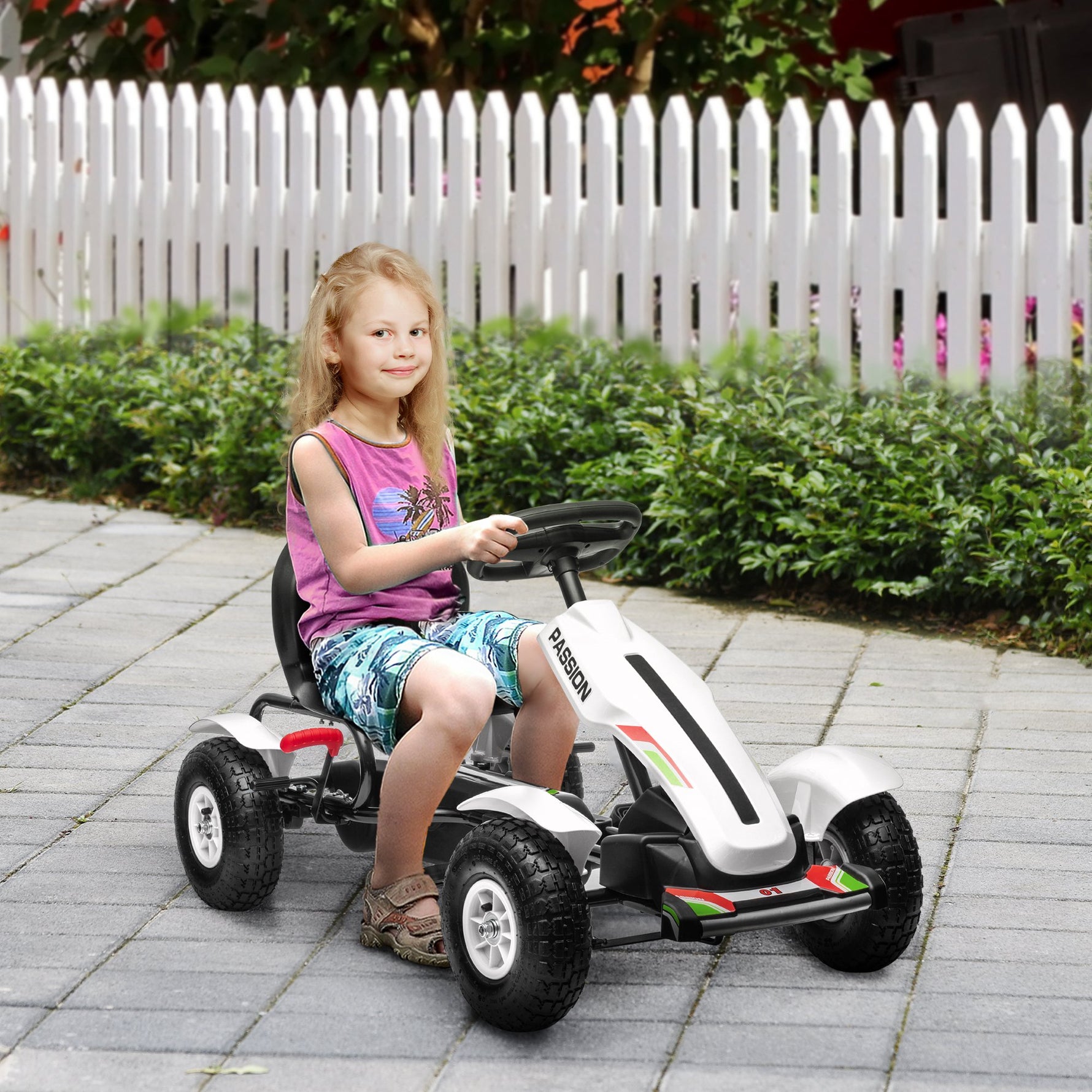 Kart à pédales pour enfant siège réglable 3 positions frein à main enfant de 5 à 12 ans blanc noir