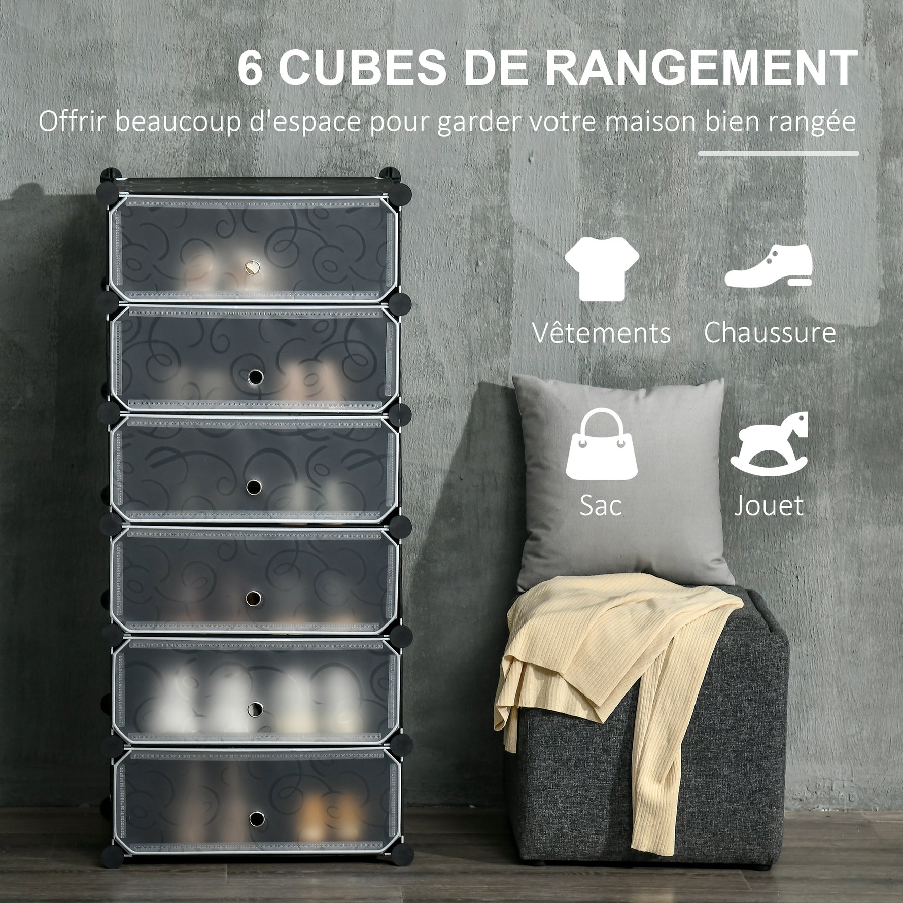 Meuble de rangement à chaussures modulable 6 cubes rectangulaires empilables - noir