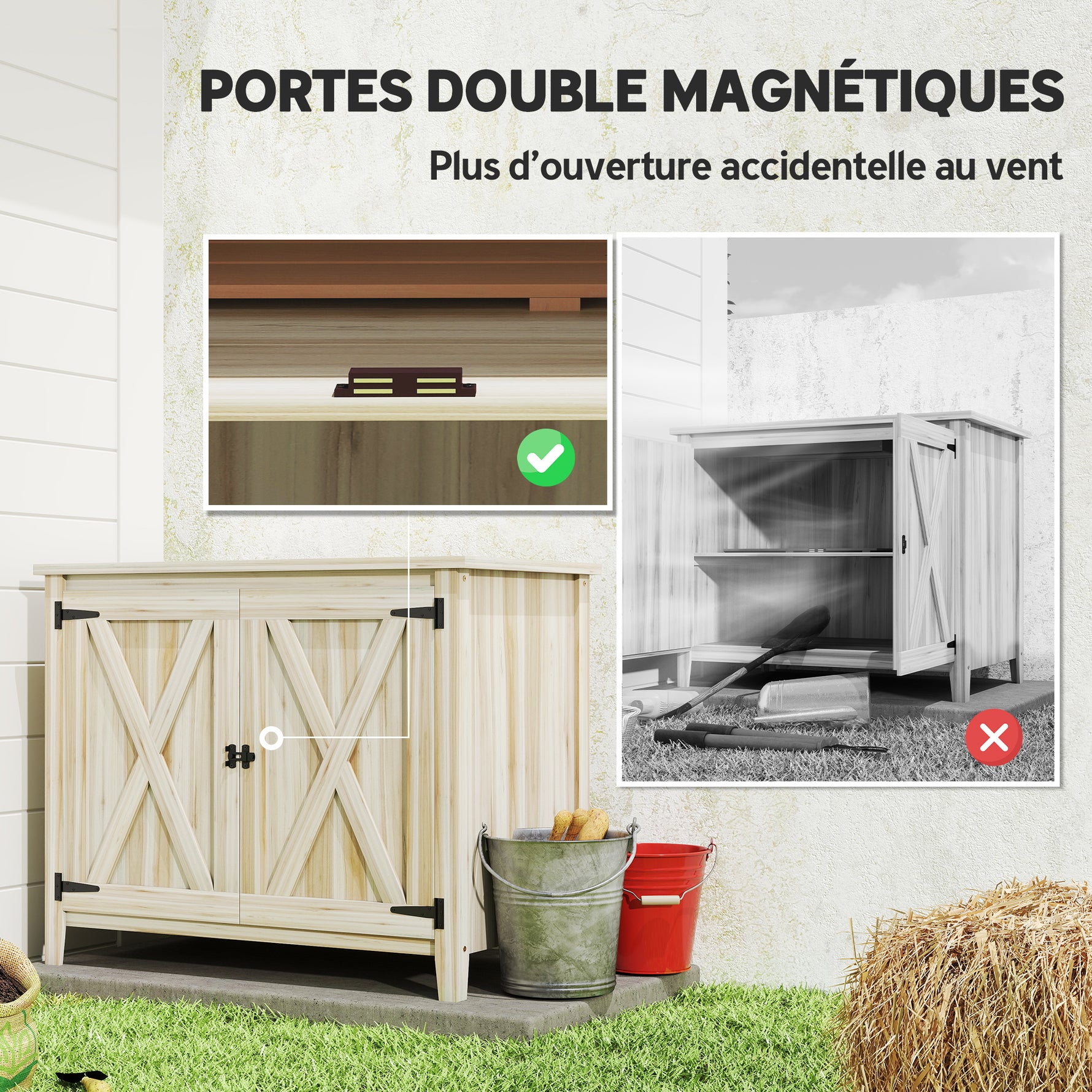 Armoire de jardin en bois, placard de jardin en bois avec étagères et double portes, 110 x 60 x 88,5 cm, bois naturel