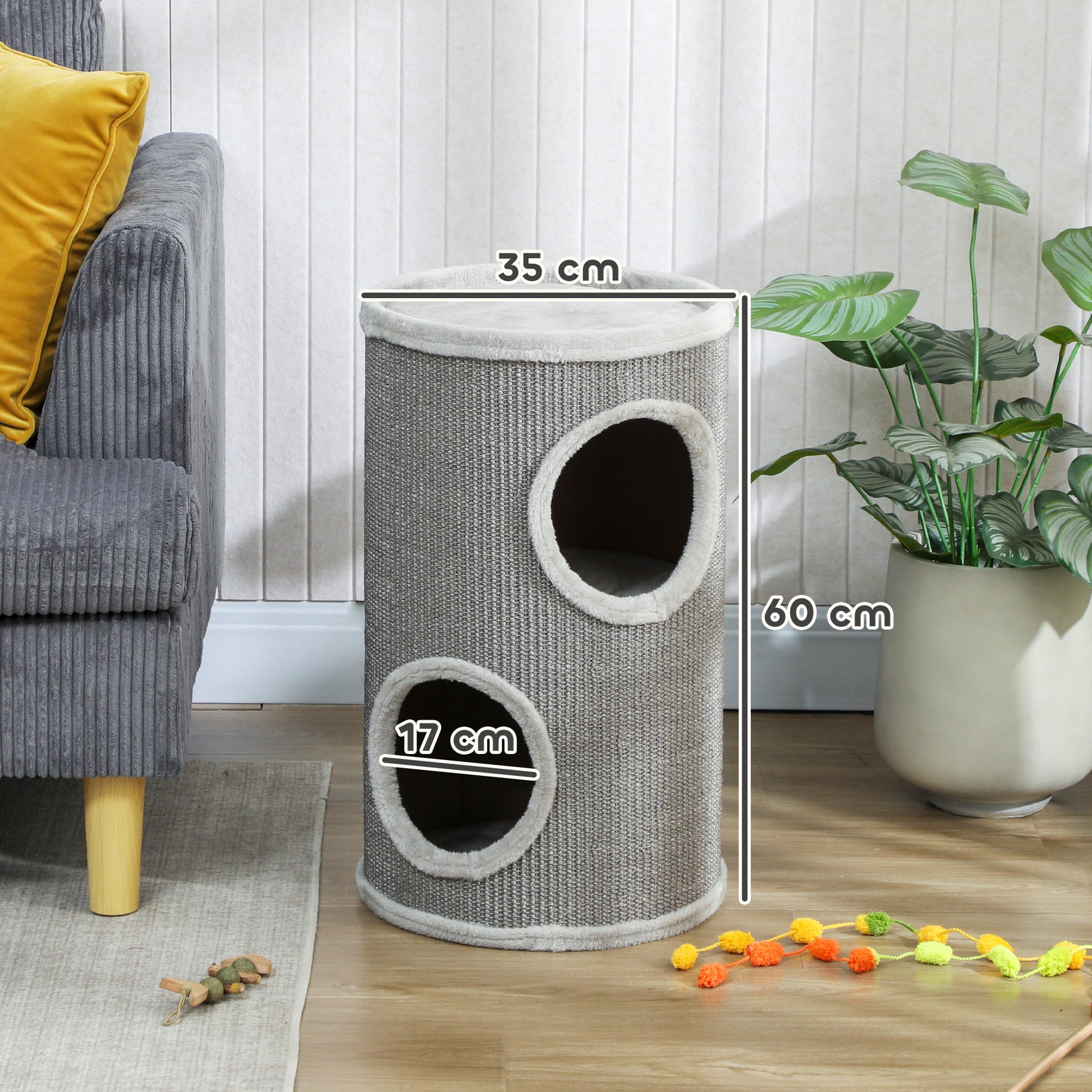 Tonneau à Gratter pour Chat, Tour à Griffer, Arbre à Chat à 2 Couches en Sisal Naturel, Ø35x60cm, Gris Clair