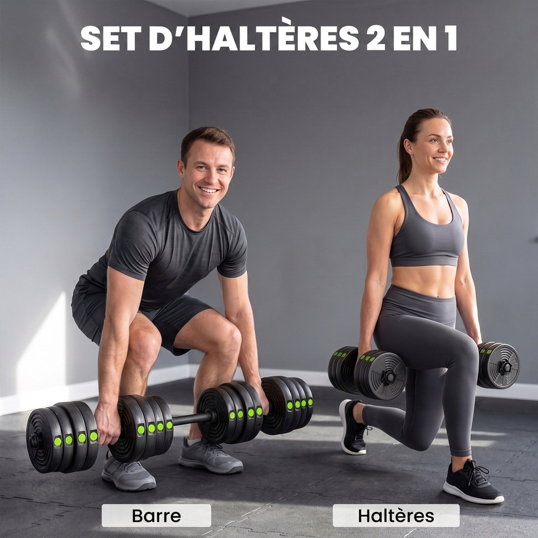 Haltères 2 en 1 réglables, haltères libres avec poignées antidérapantes, 30 KG - Barres incluses