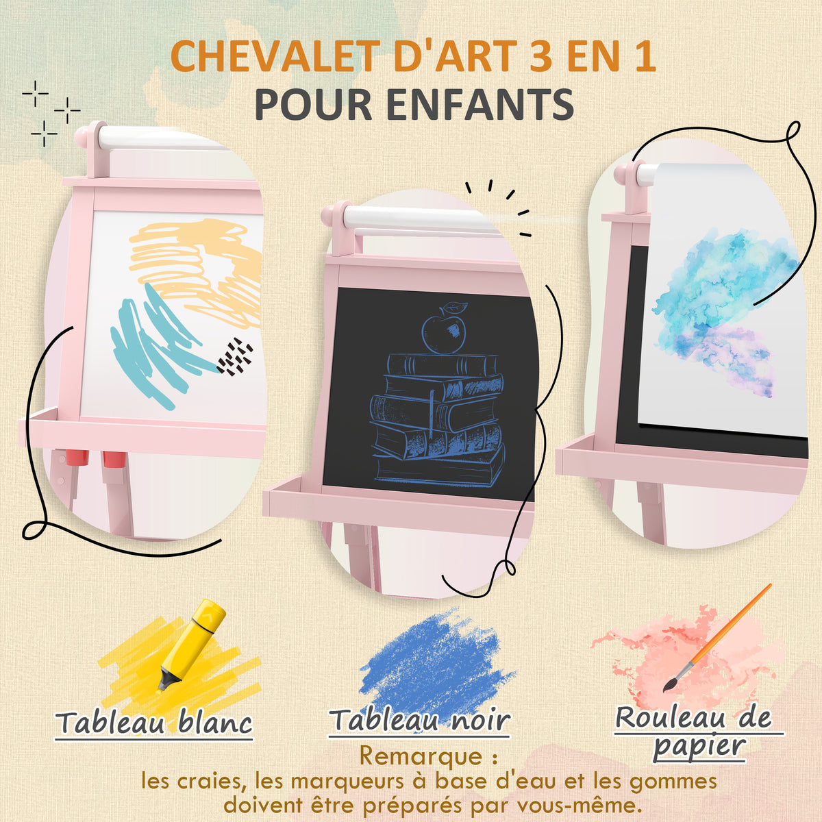 Tableau chevalet enfant 3 en 1 avec tableau blanc magnétique, tableau à craie, rouleau papier, 2 paniers, 3-6 ans, rose