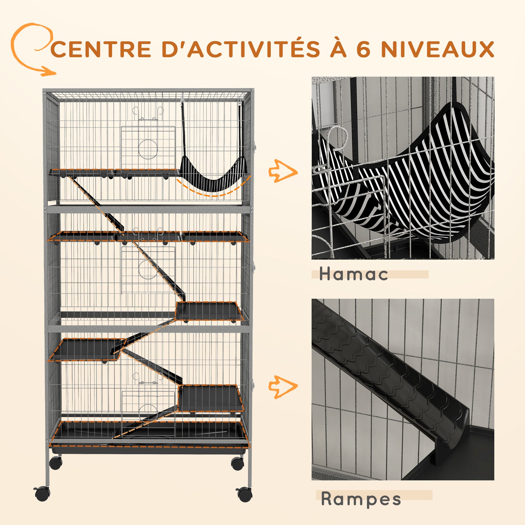 Cage pour rongeurs multifonction 4 plateformes 3 rampes 4 portes dim. 80L x 52l x 159H cm acier gris argenté noir