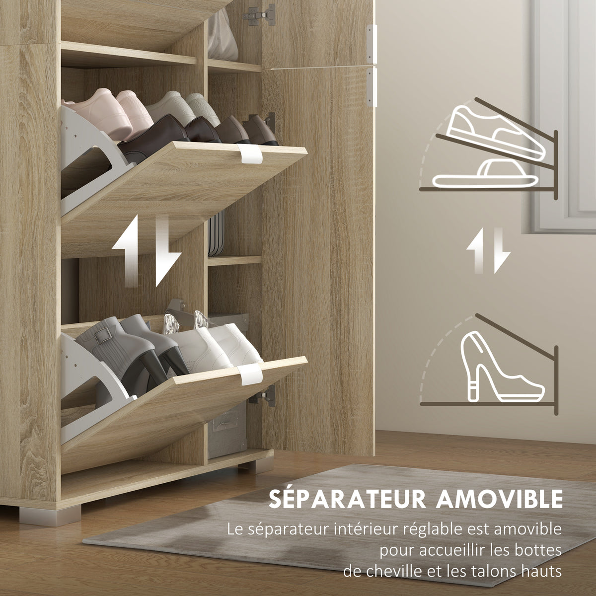 Meuble à chaussures avec 4 abattants, 2 placards et façades miroir pour 16 paires de chaussures, meuble d'entrée