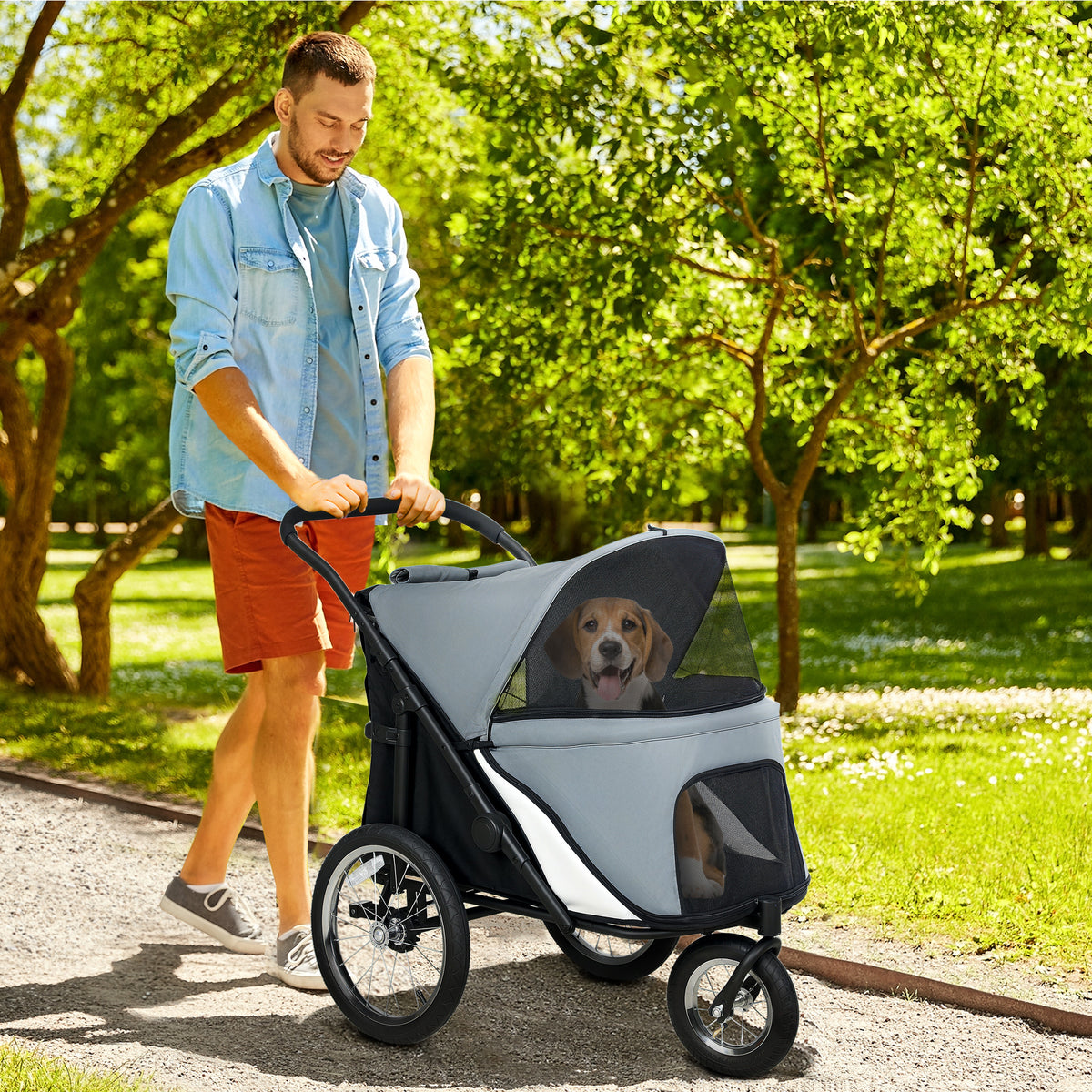 Poussette pour chien 3 roues avec pliage facile, sac de rangement, coussin souple, laisse de sécurité, gris