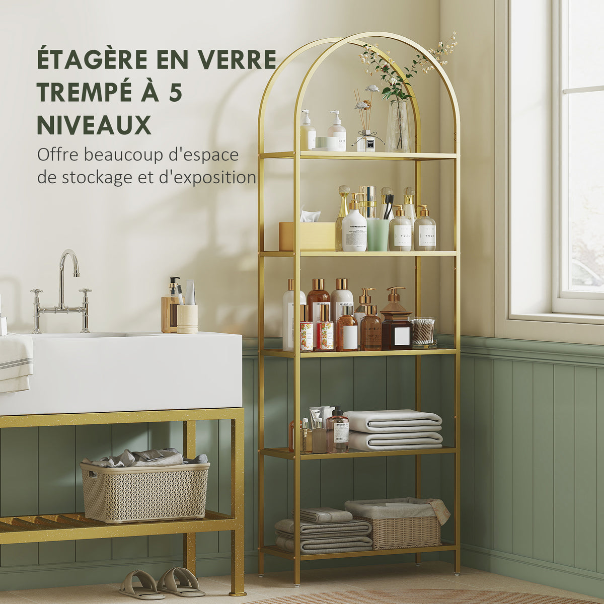 Libreria scaffale in vetro a 5 ripiani ad arco per soggiorno, ufficio, camera da letto, 60 x 30 x 175 cm, dorato