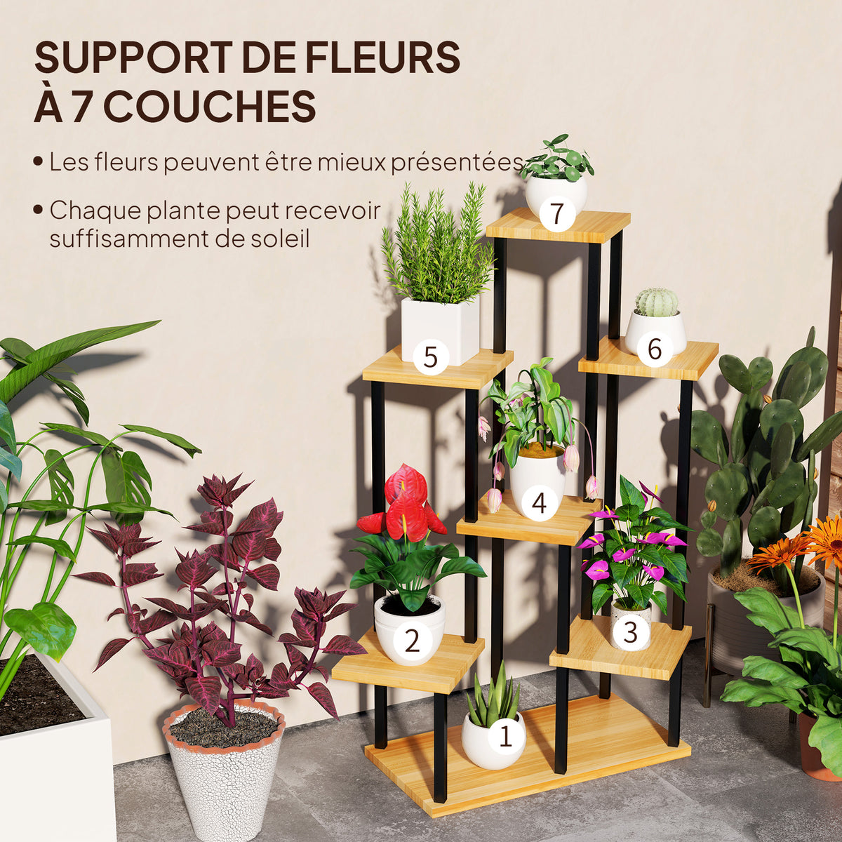 Support à plantes à 7 niveaux pour intérieur et extérieur, étagère plante en acier et bois, bois naturel