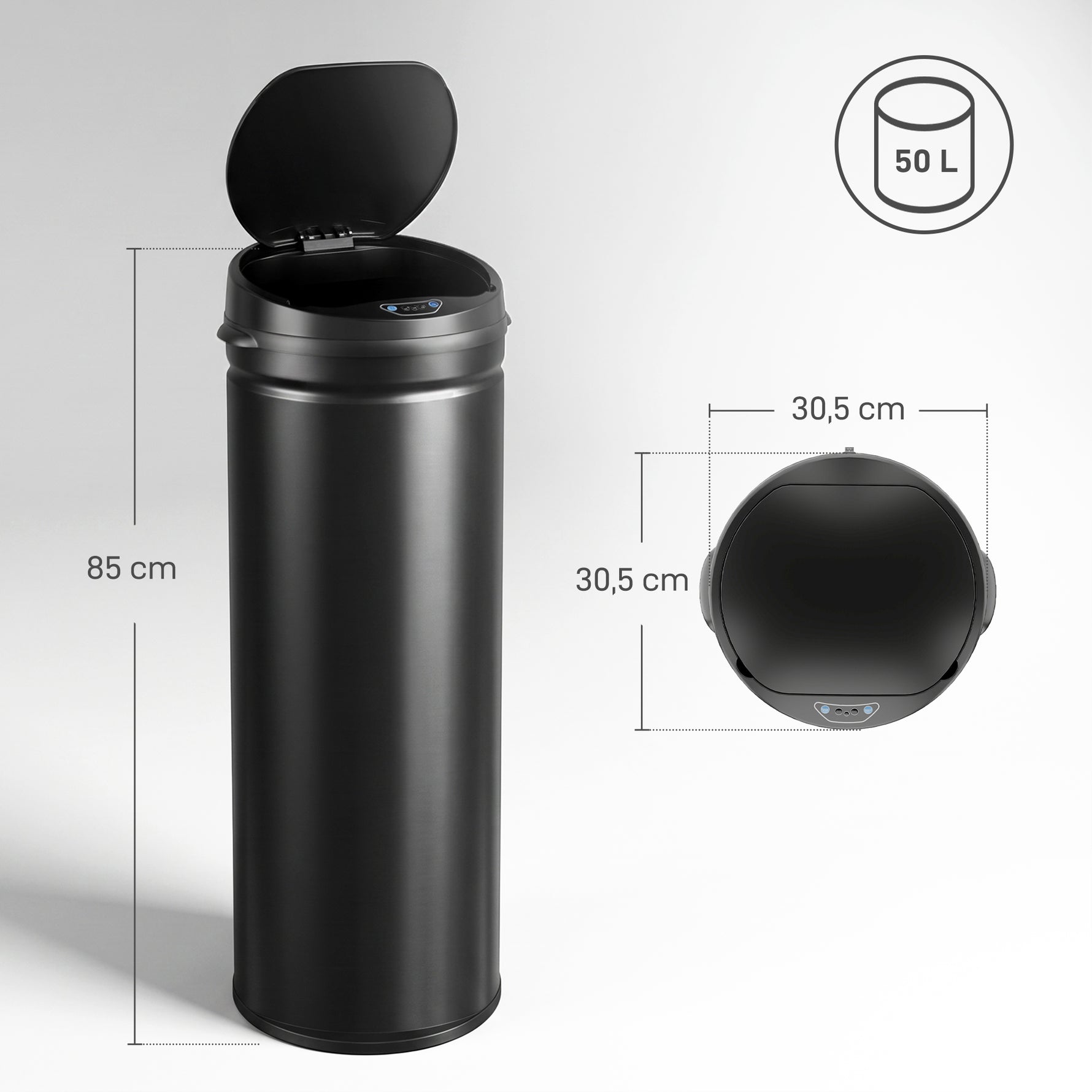 Poubelle cuisine automatique 50L acier inoxydable, poubelle à couvercle à fermeture en douceur, 30,5x30,5x85cm, noir