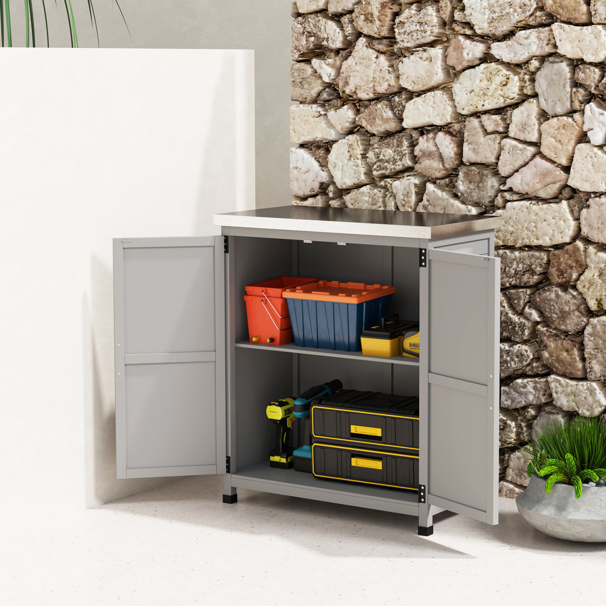 Armoire de jardin en Bois Extérieur, armoire de rangement de Jardin avec Plan de Travail acier galvanisé 79x43x92cm gris