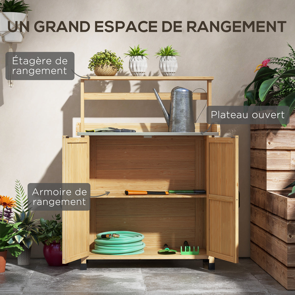 Table de rempotage table de jardinage avec placard et étagères et plateau patins antidérapants en bois sapin jaune