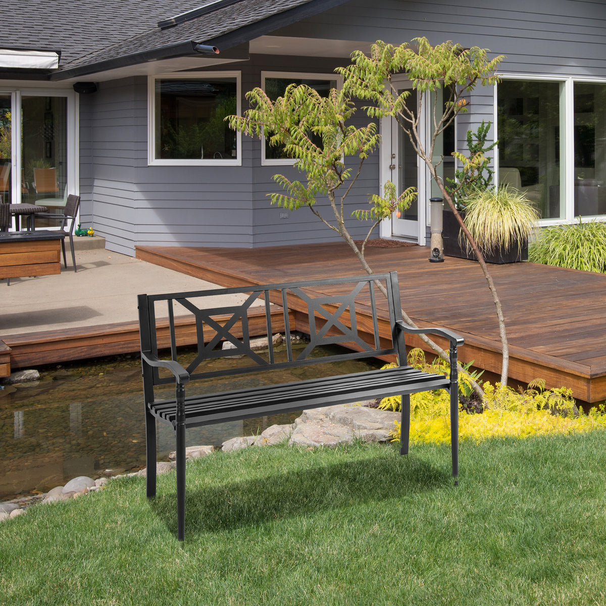 Gartenbank 2-Sitzer Außenbank Terrasse Patio hohe Rückenlehne Lattensitz Armlehnen