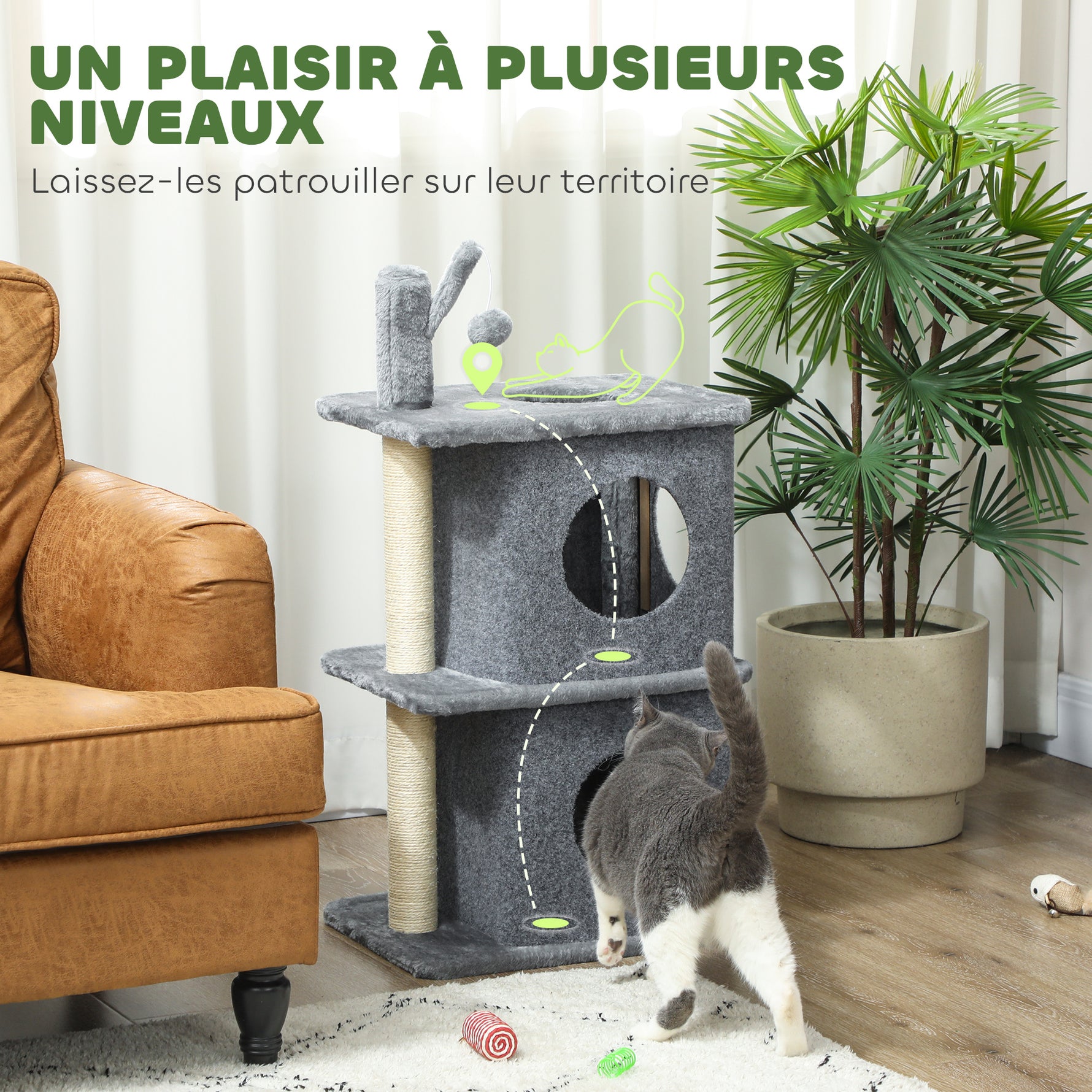 Arbre à chat à 3 niveaux tour pour chat 2 niches et surface de repos confortable, balle 43 x 33 x 80 cm gris foncé-3