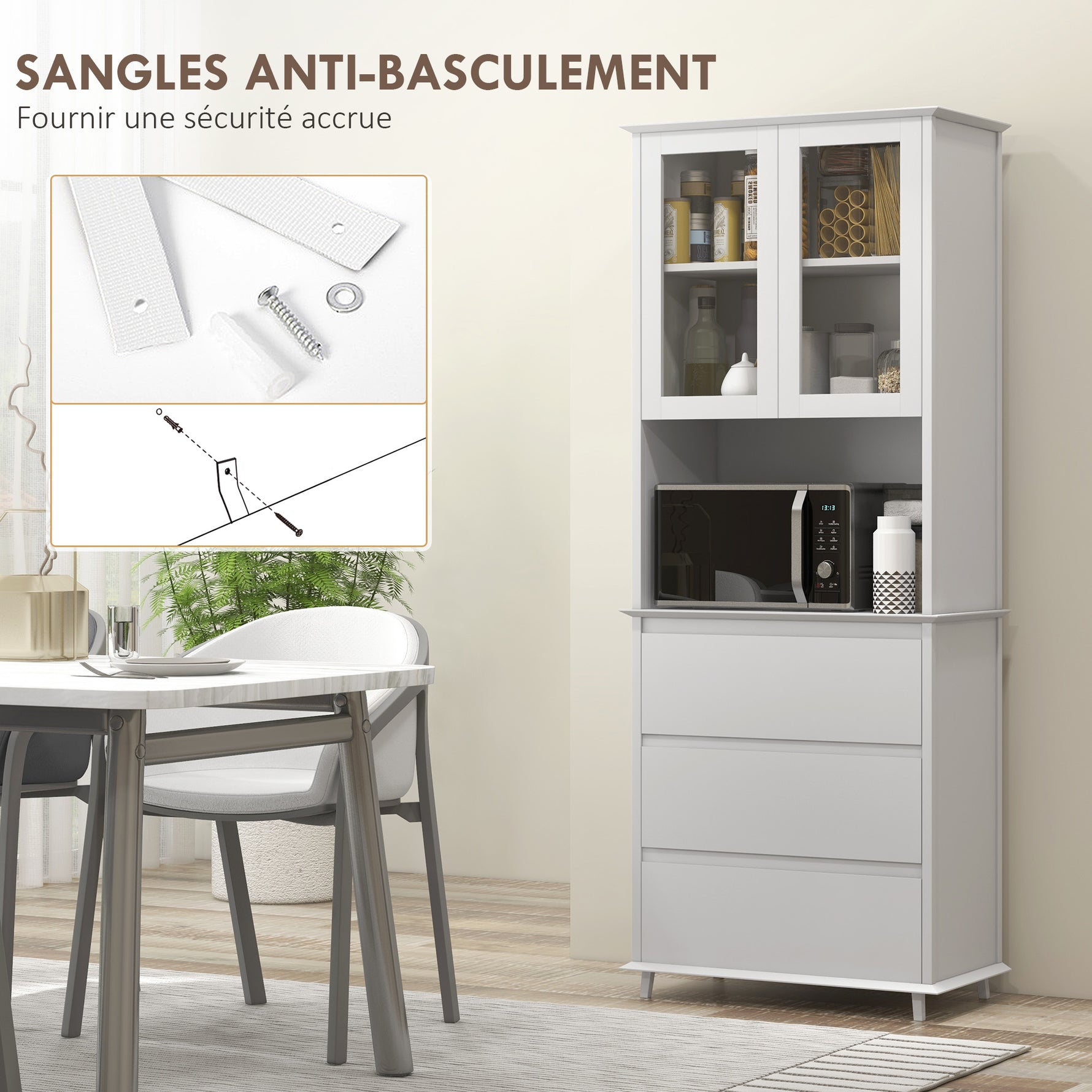 Buffet de cuisine meuble de rangement placard 2 portes 3 tiroirs et niche centrale dim. 68L x 38l x 172H cm MDF blanc