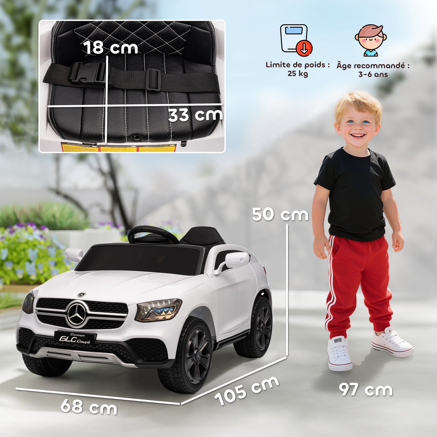 Voiture électrique enfants, véhicule électrique 12V, télécommande 2,4G, 3 vitesses, démarrage lent, 105x68x50cm, blanc