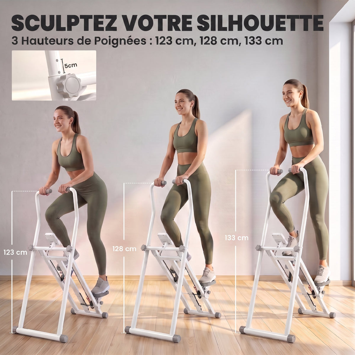 Stepper d'Escalier Pliable, 3 Niveaux de Résistance, Hauteur Réglable, Écran LCD, Charge 150 kg, 90x50x133cm, Blanc