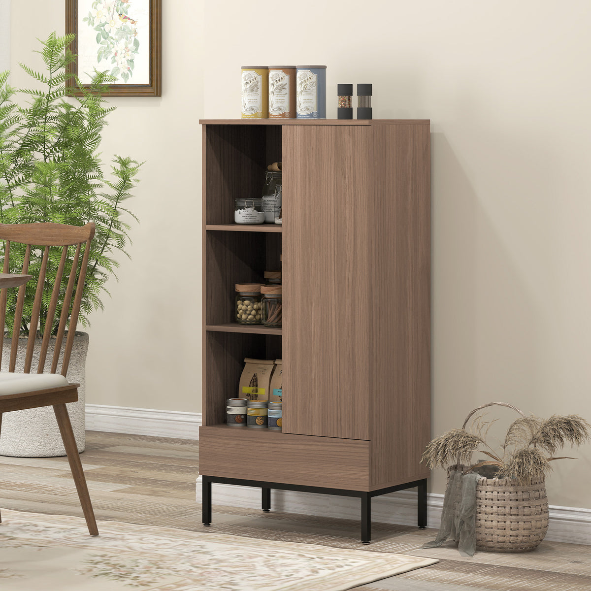 Buffet meuble de rangement avec placard à portes, tiroir, 3 compartiments ouverts et étagères réglables, gris