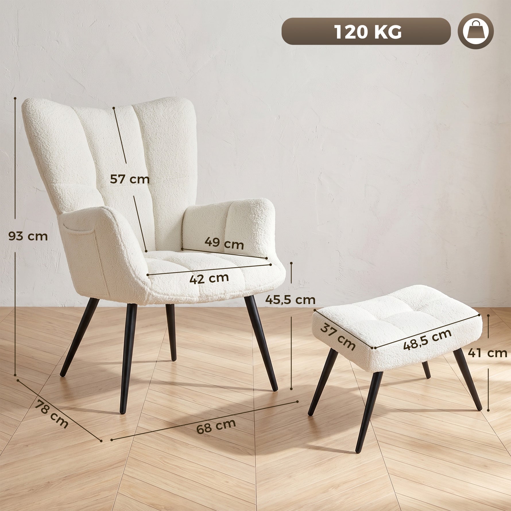 Fauteuil de Salon avec Repose-Pied, Fauteuil d'Appoint Capitonné en Peluche Teddy, Dossier Haut, Poches Latérales, Beige