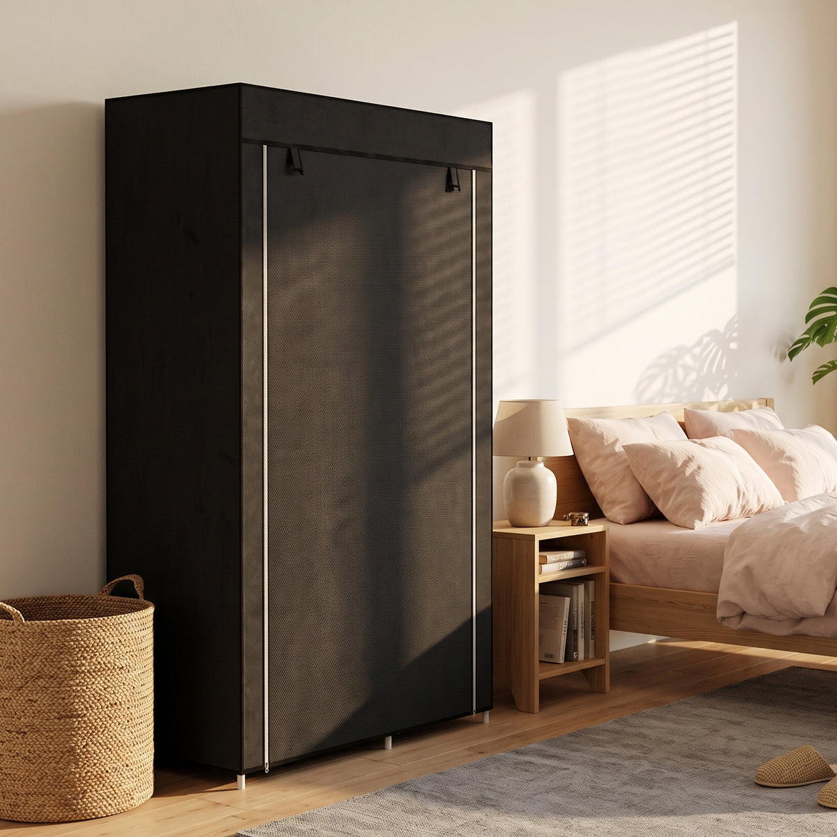 Armoire penderie multi-rangement - 6 étagères, 1 barre - non tissé noir