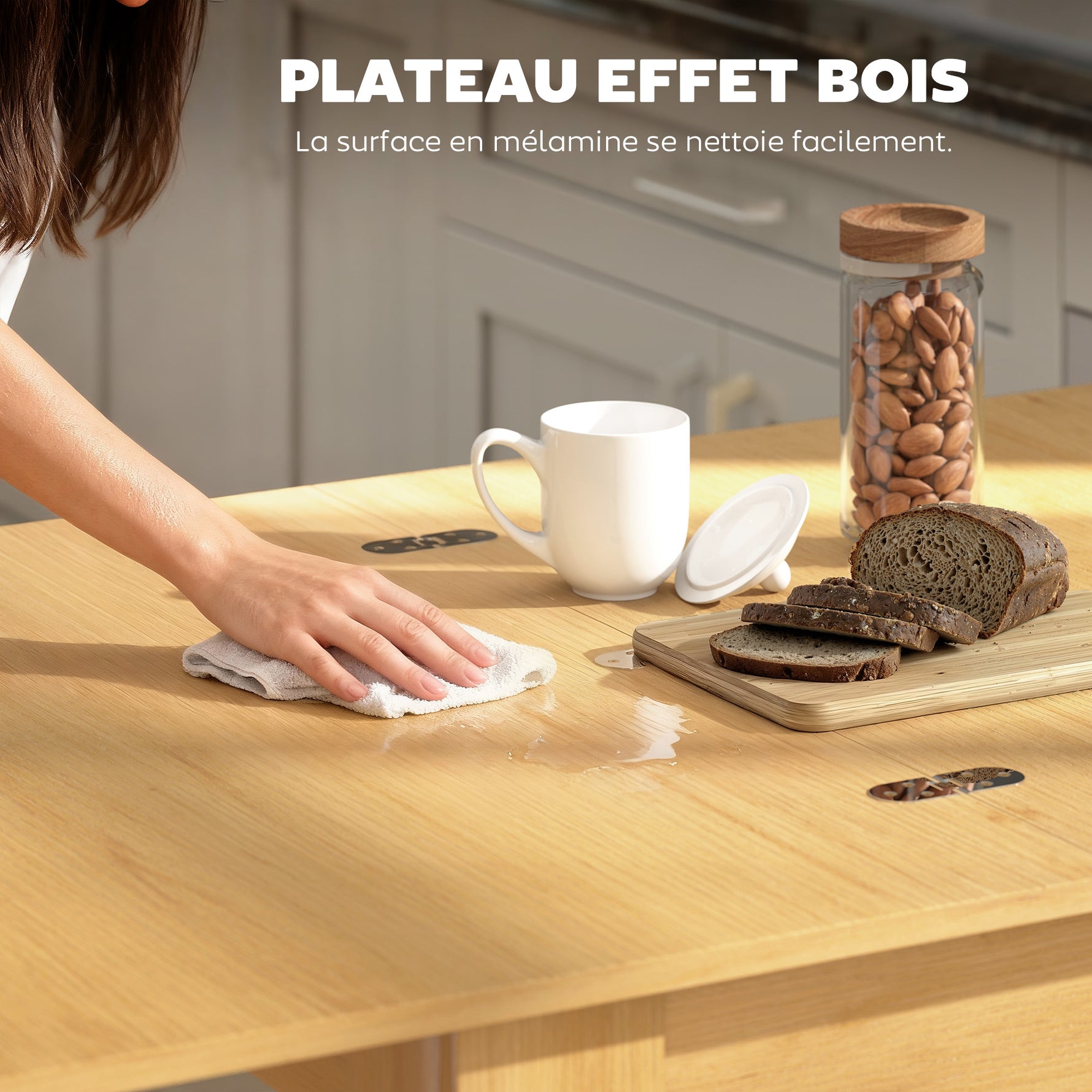 Table à manger extensible rectangle pour 4 à 6 personnes, table de cuisine 70-140 cm, patins en feutre, bois naturel