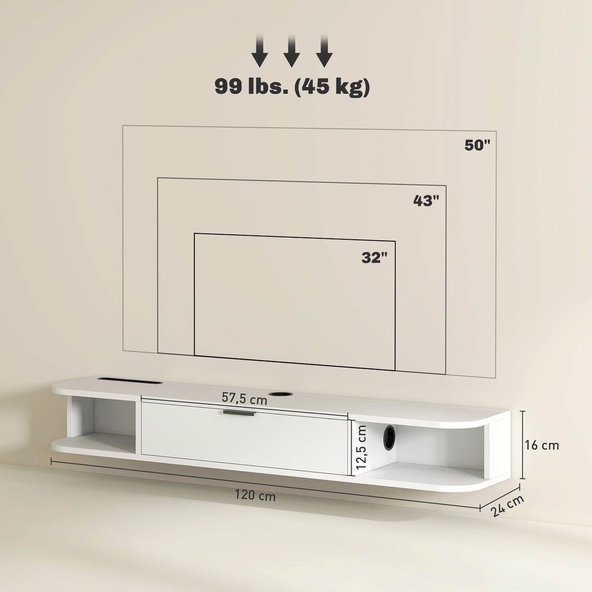 Hängendes TV-Board, Fernsehschrank für Fernseher bis 50 Zoll, Klappfach 2 Ablagen 120x24x16cm weiß