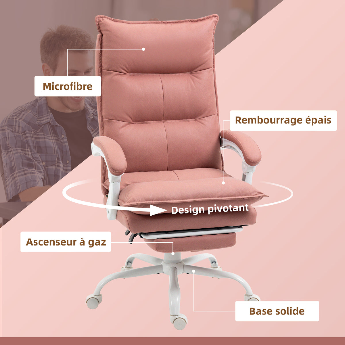 Fauteuil de bureau massant et chauffant, chaise de bureau, hauteur réglable, dossier inclinable, 66x74x121,5cm rose