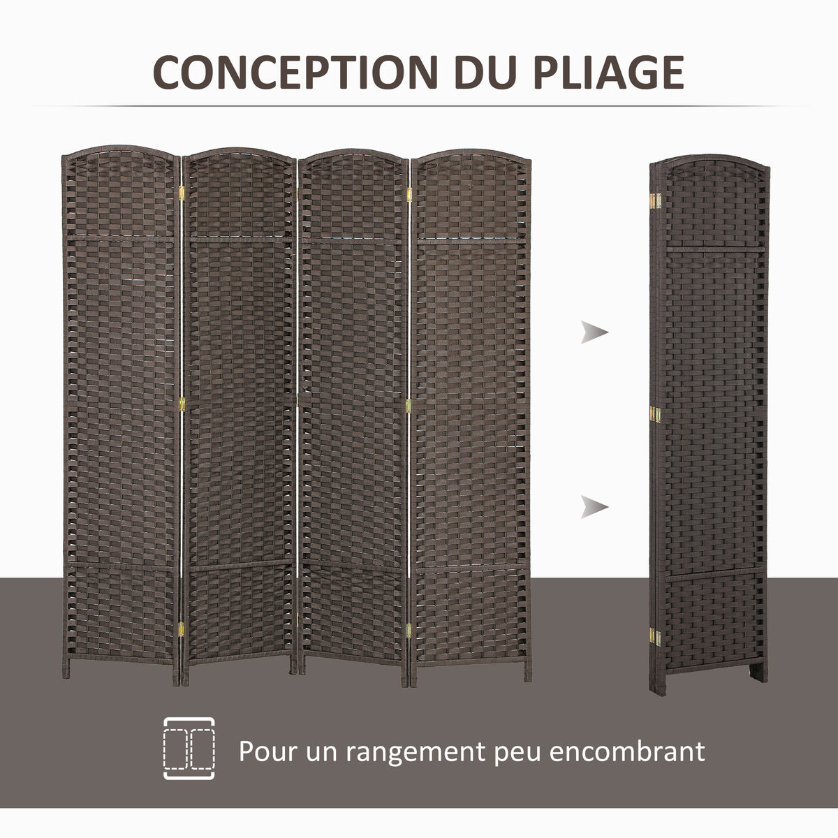 Paravent interieur en bois 4 panneaux 160 x 170 cm séparateur de pièce pliable pour salon, chambre à coucher, marron