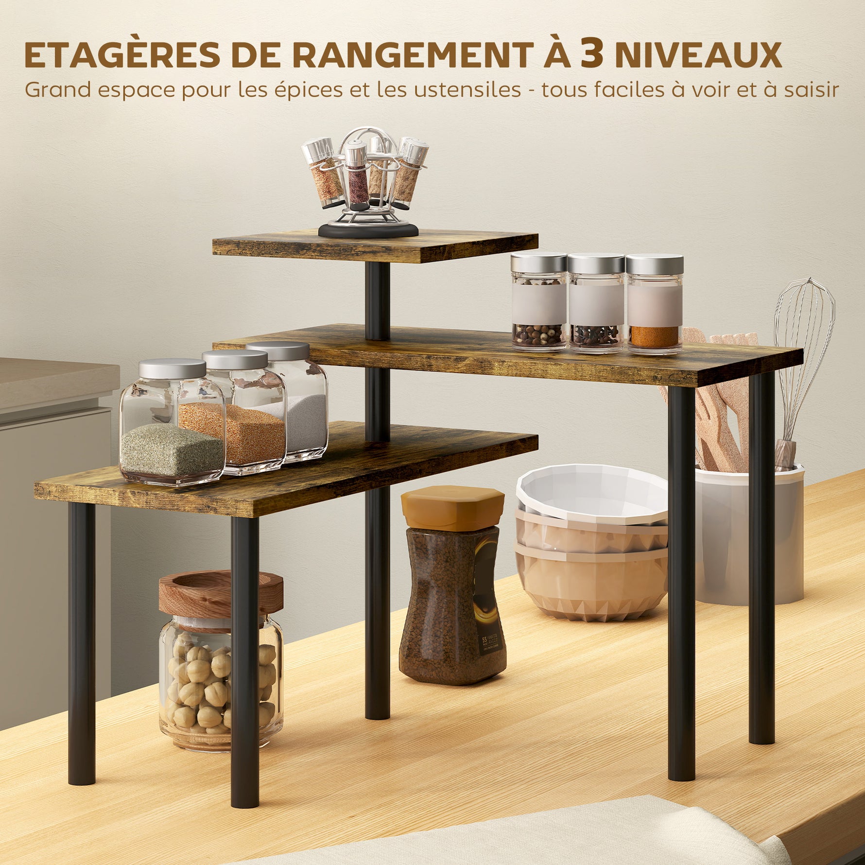Étagère de cuisine rotative à 3 niveaux, étagère d'angle, cadre en métal, 40 x 18 x 36,5 cm, brun rustique