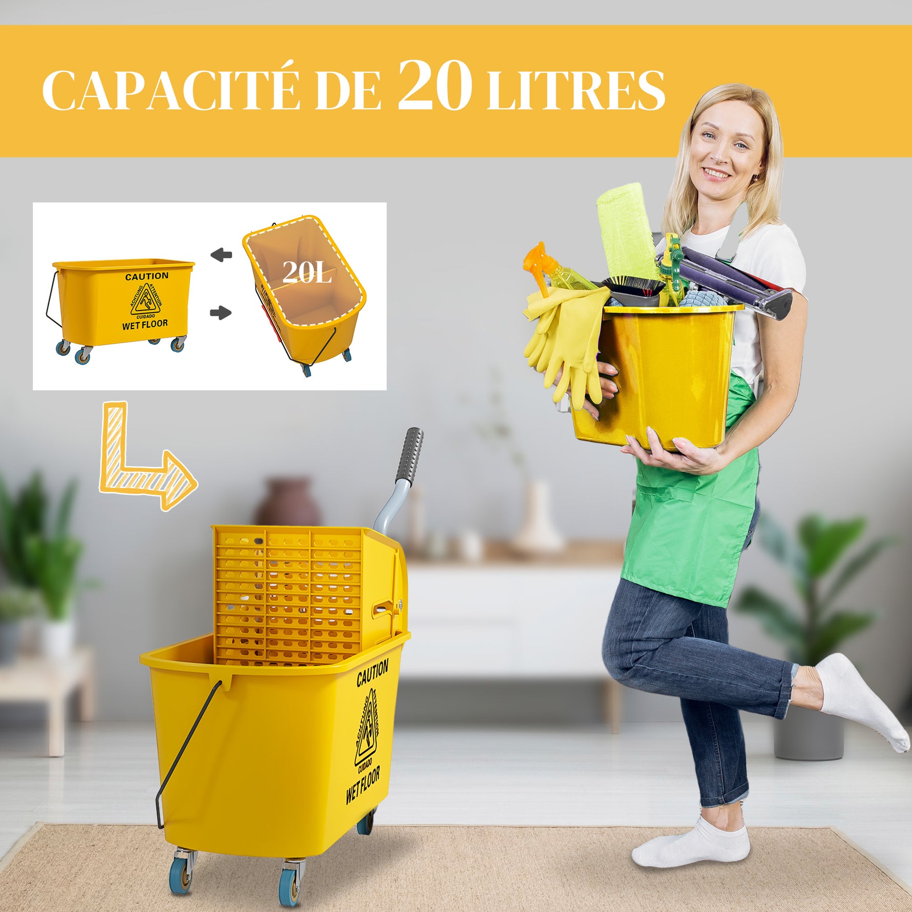 Chariot de ménage chariot de lavage essoreuse latérale seau 20 L, poignée et serpillère, 45 x 26,5 x 70 cm, jaune