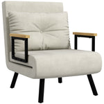 Fauteuil convertible 4 en 1 lit 1 place dossier 5 positions, accoudoirs en bois et coussin, tissu effet velours, crème