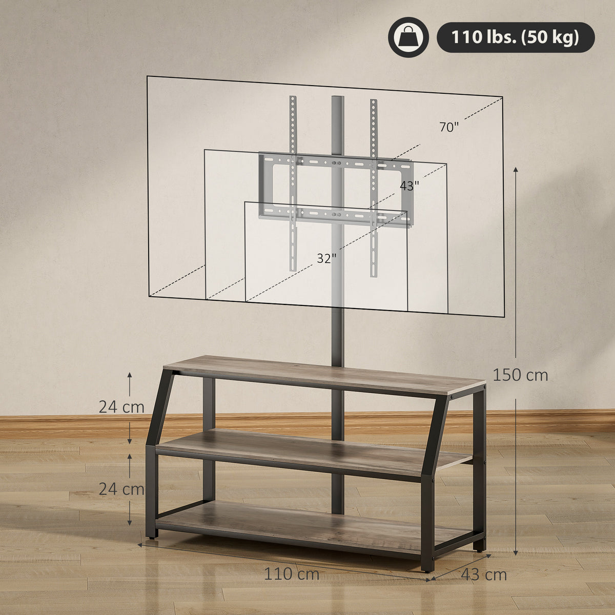 Meuble TV avec support pour téléviseurs jusqu'à 72 pouces, meuble télé avec 2 étagères ouvertes, 110x43x150cm, gris