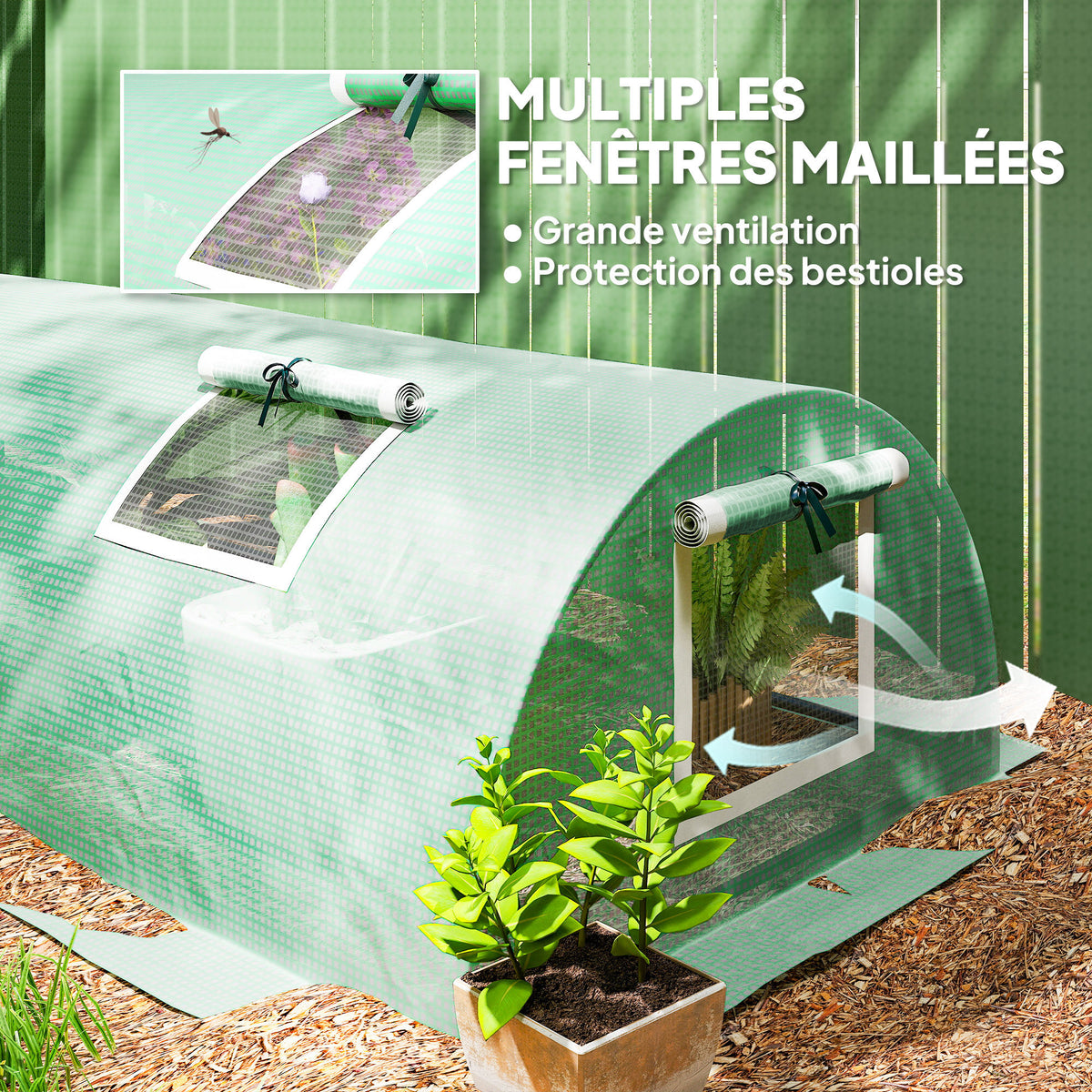 Serre de jardin tunnel 5 fenêtres enroulables bâche PE 140 g/㎡ métal époxy 300 x 80 x 45 cm vert