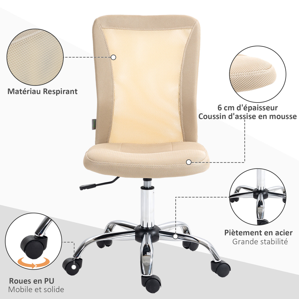 Chaise de bureau ergonomique hauteur réglable piètement chromé pivotant 360° revêtement maille beige