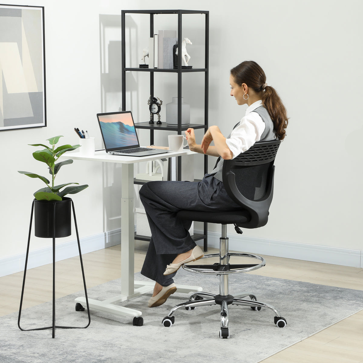 Chaise de bureau ergonomique en maille, chaise de dessin, hauteur et repose-pieds réglable, 59 x 59 x 106-126 cm, noir