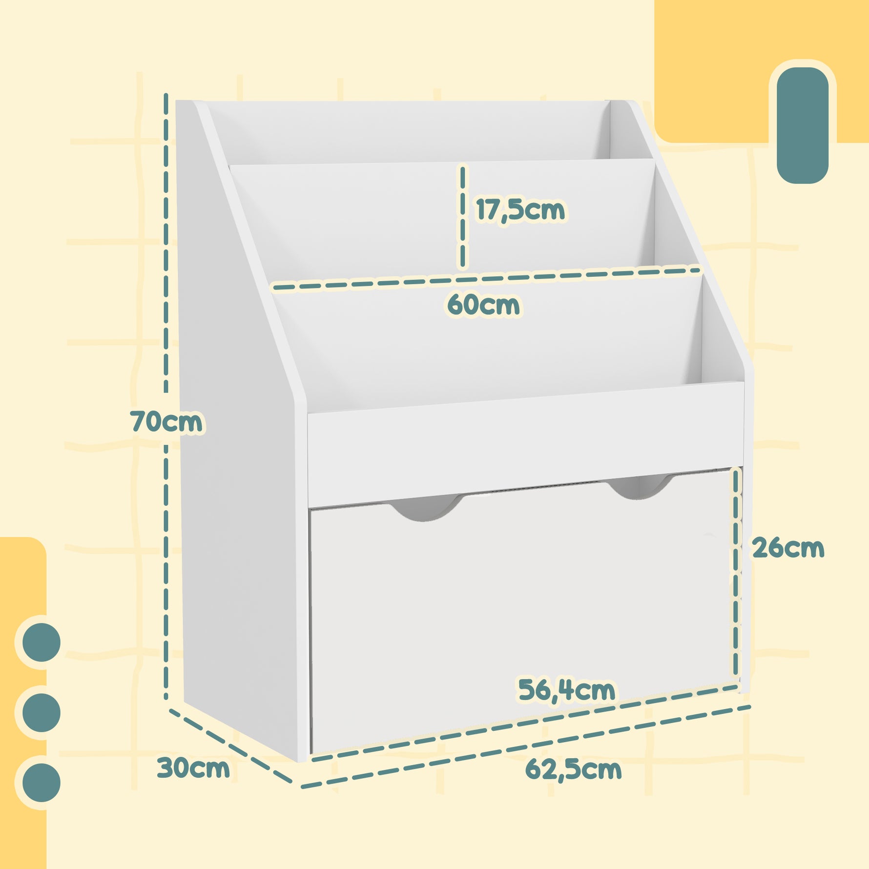 Bibliothèque pour enfants Multi-Rangement avec 3 niveaux d'étagères et un tiroir, 62,5L x 30l x 70H cm, blanc