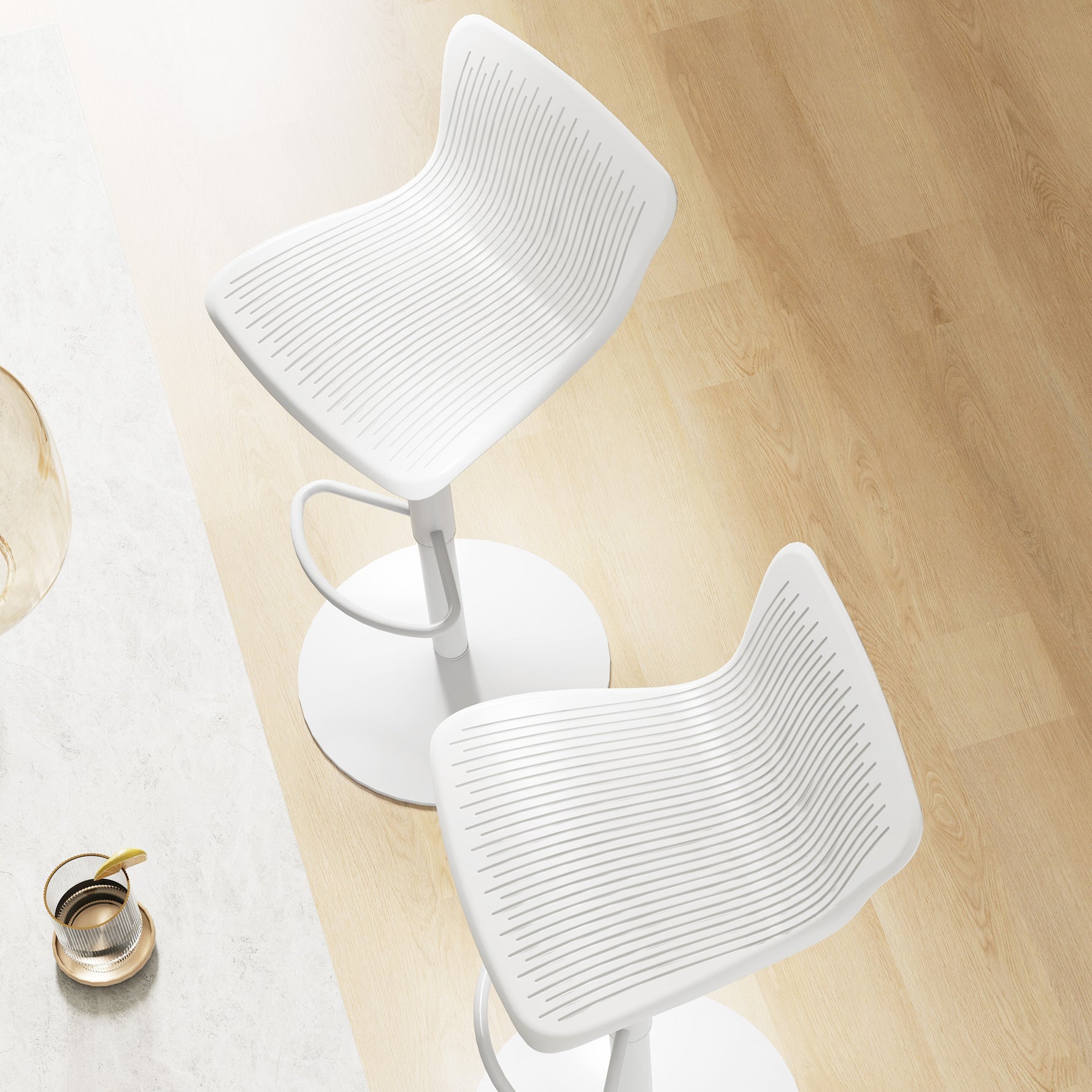 Lot de 2 tabourets de bar, chaises de bar réglable en hauteur, dossier et repose-pieds, 38,5x40x76,5-97,5cm, blanc