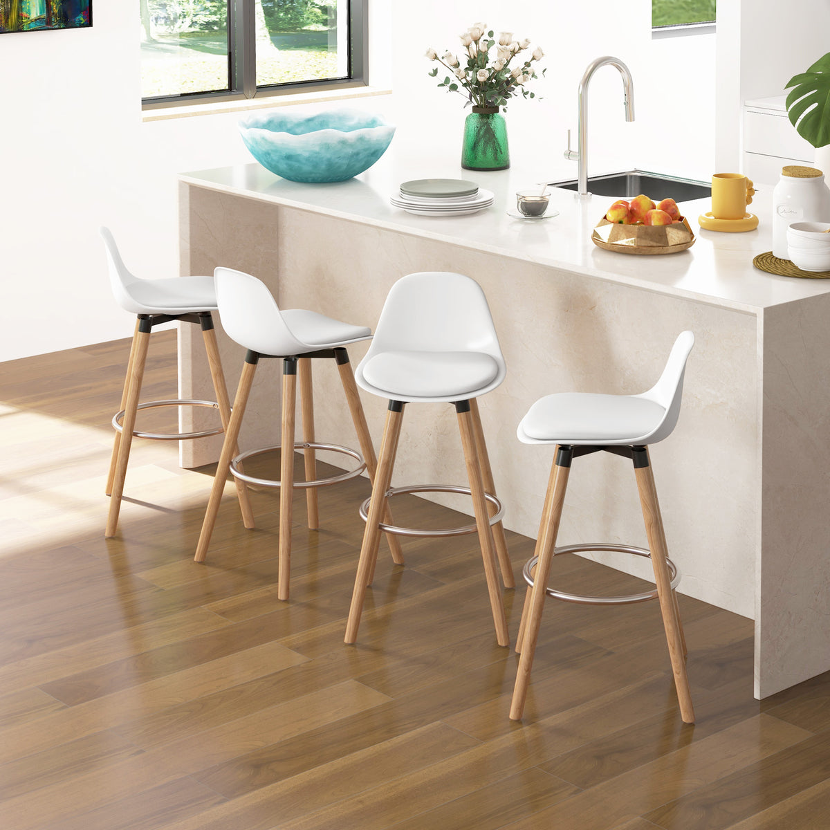 Set di 4 sgabelli da bar in stile scandinavo, altezza 70 cm, con gambe in legno e poggiapiedi in acciaio - bianco