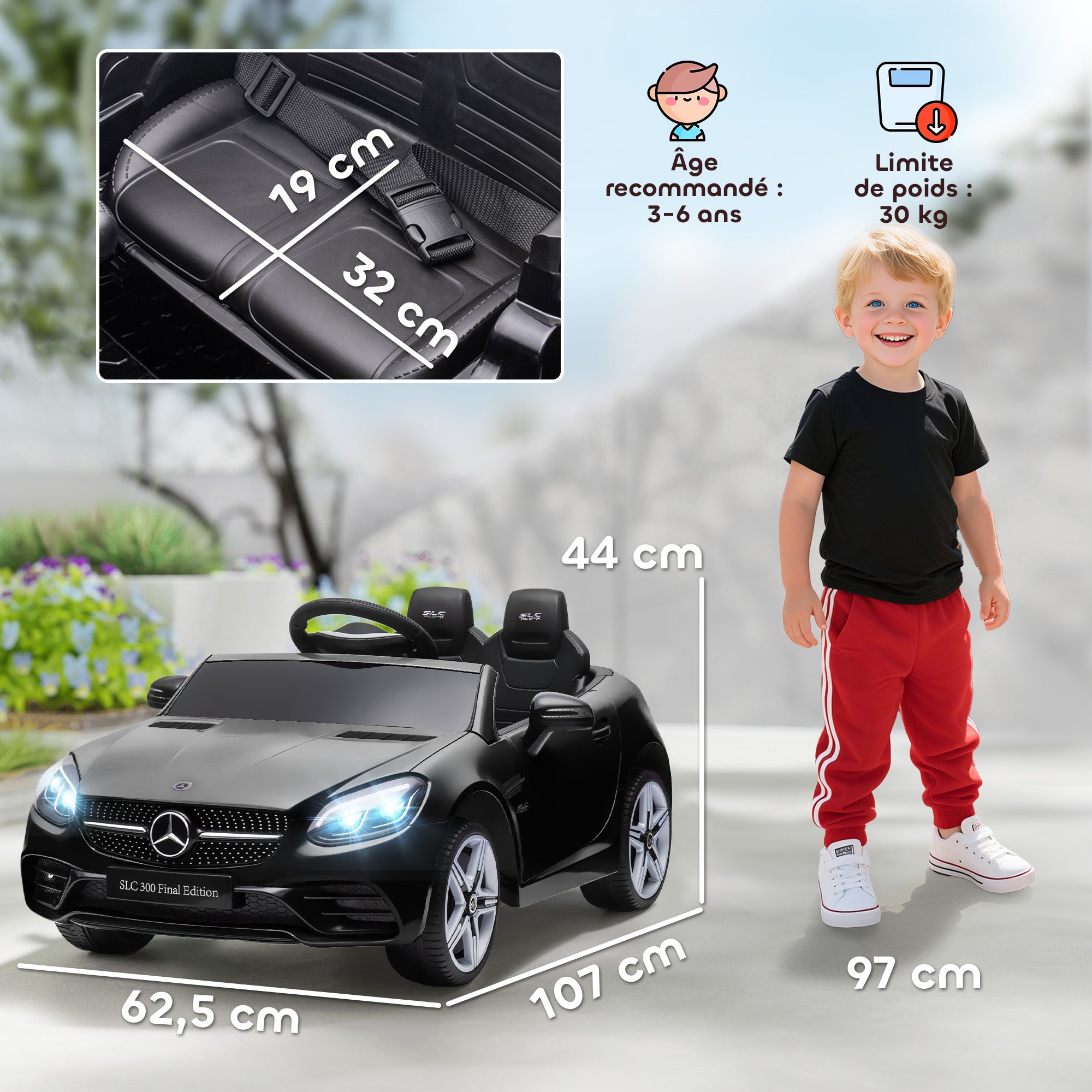 Elektroauto für Kinder, lizenziert Mercedes SLC 300, 12V, max. 5 km/h, Licht- und Soundeffekte, Fernbedienung, schwarz